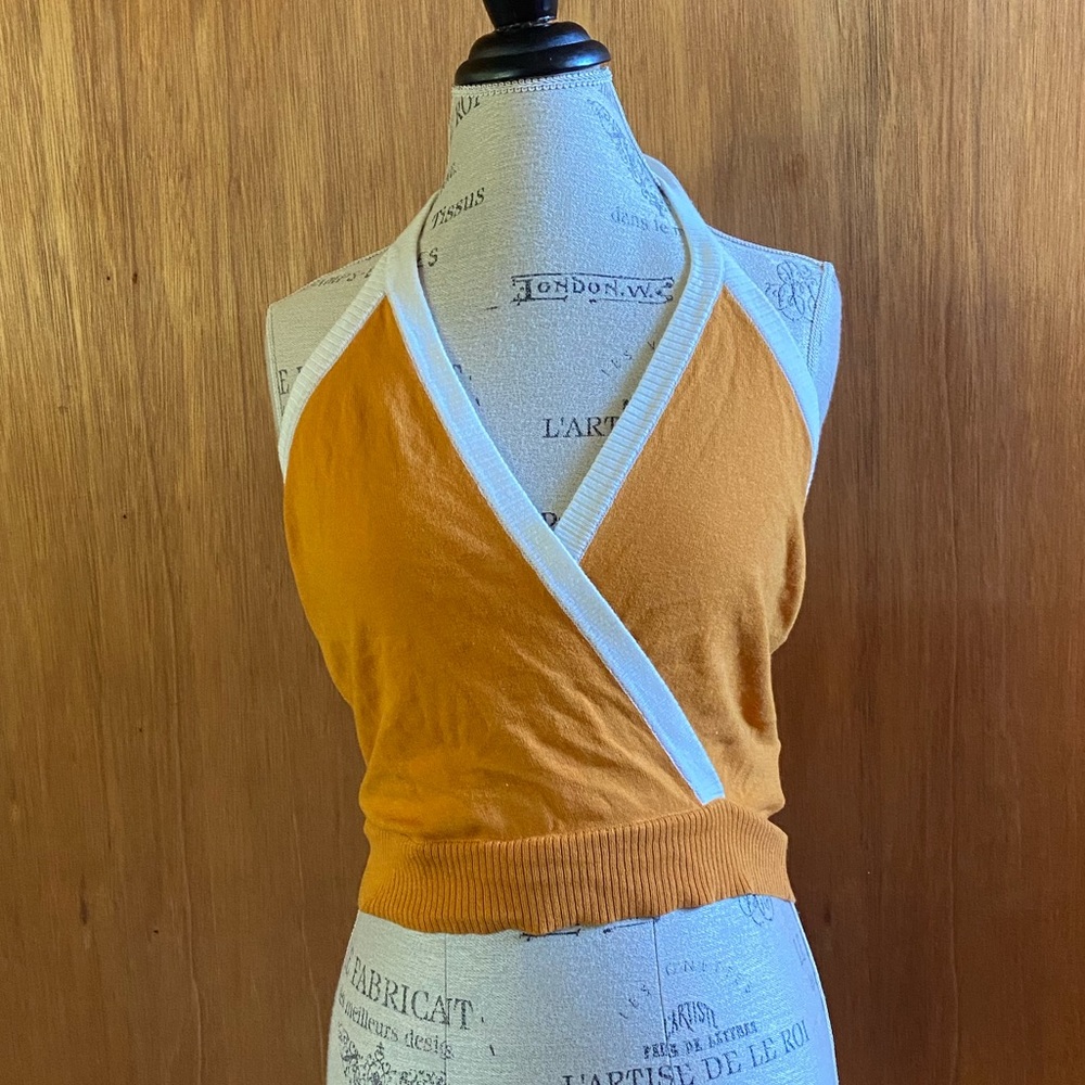 Goldenrod knit wrap halter by Modcloth with white accent stripe tie